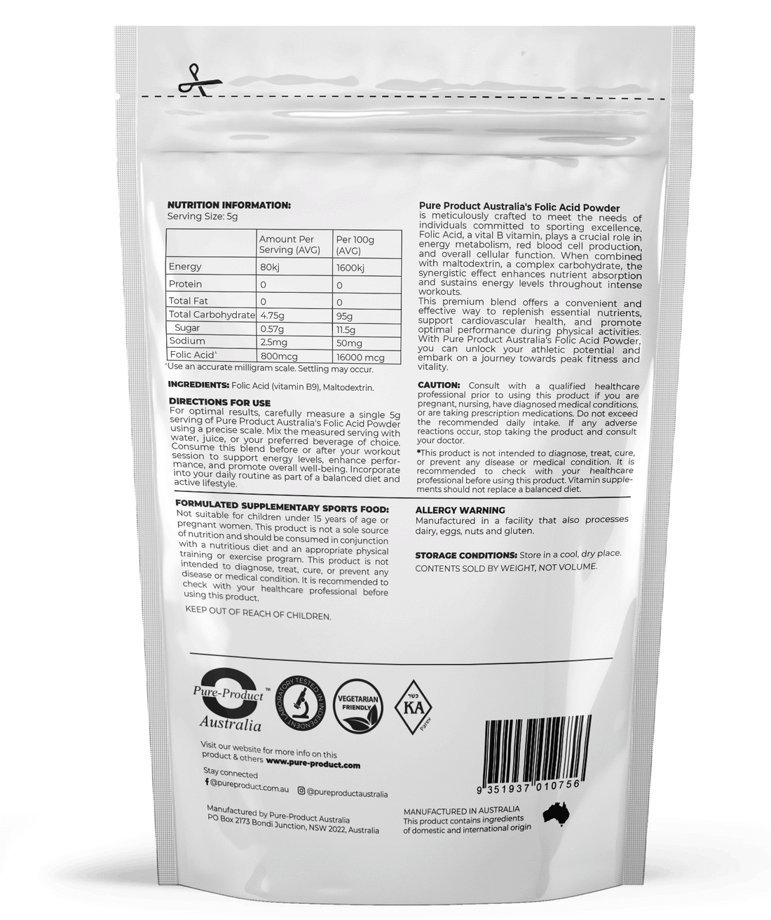 FOLIC ACID (Vitamin B9) Powder - 800mcg Pure Product Australia, Pro Athletes? We Developed This Folic Acid Powder (Vitamin B9) - Supercharged for YOU! Dominate your training and shatter personal bests with the weapon of choice for serious athletes: Folic