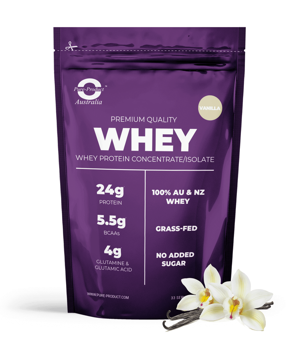 Premium Quality Grass-Fed Whey Protein Concentrate/Isolate, Vanilla Flavor, 24g Protein, 5.5g BCAAs, No Added Sugar, from Aussie and NZ Cows