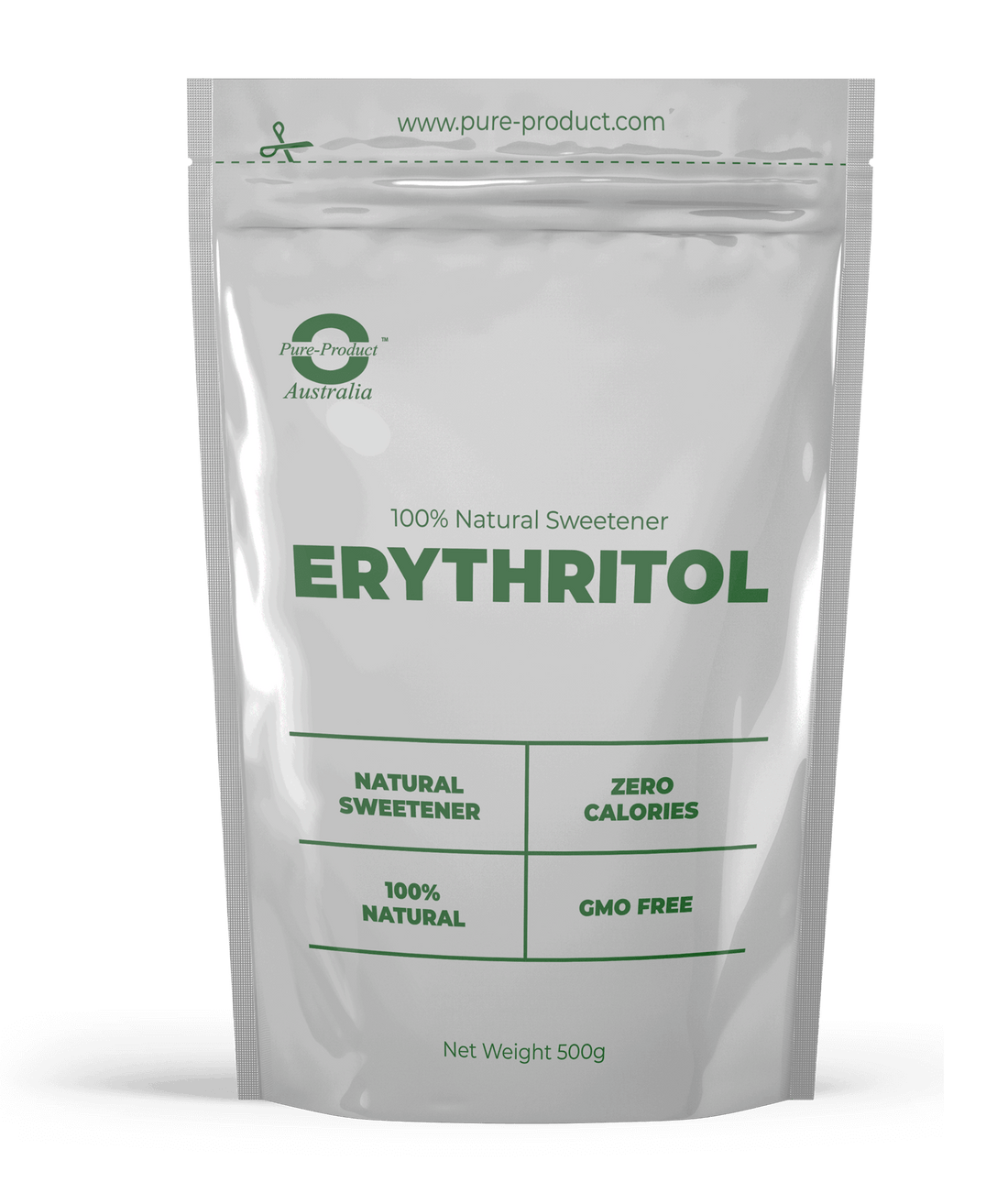 Erythritol 100% Natural Sweetener Zero Calories 500g Pouch Packaging