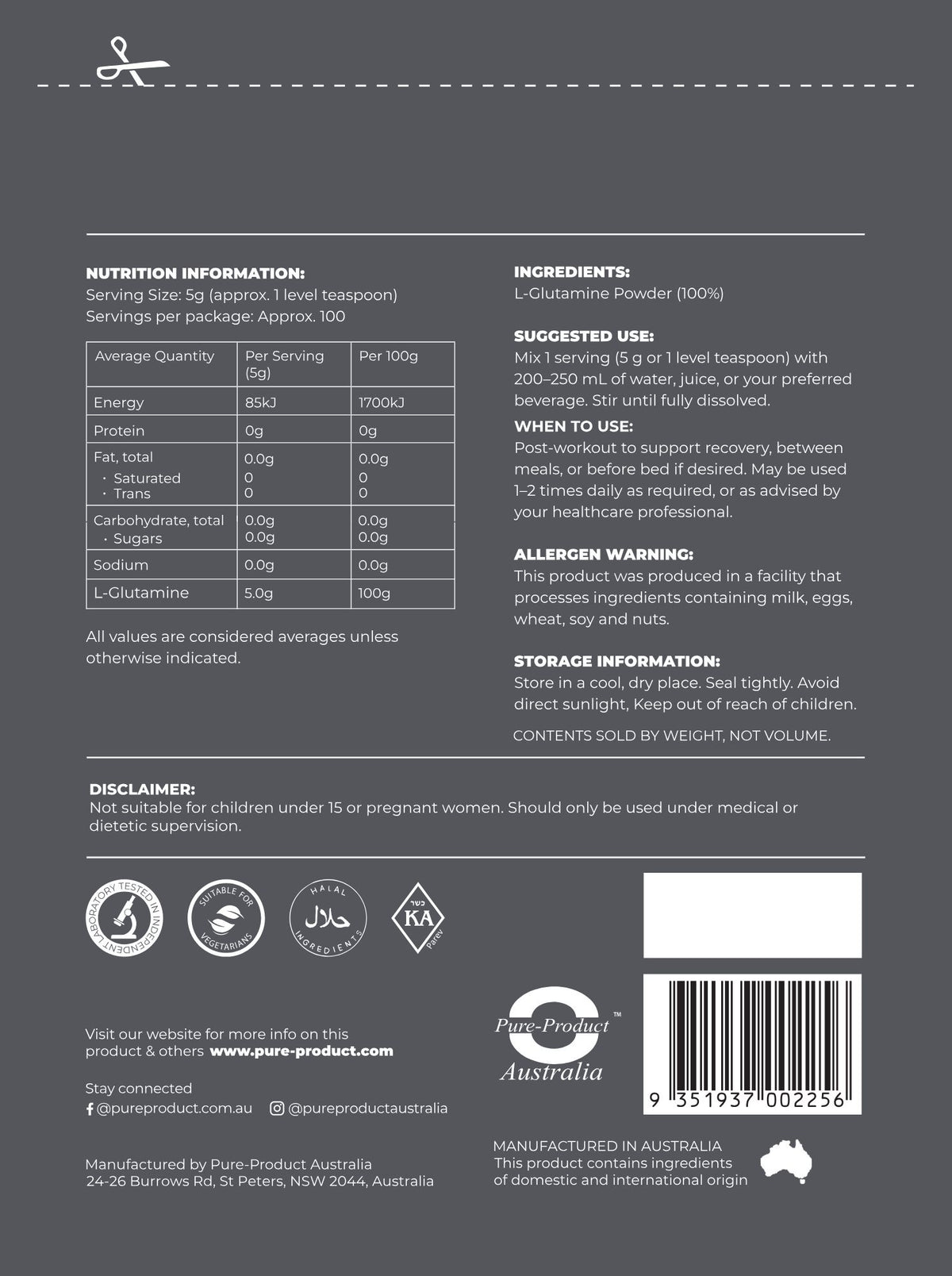 L-Glutamine nutrition information panel