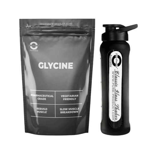 Glycine powder resealable bag with water bottle, pharmaceutical grade, vegetarian-friendly, muscle rebuild supplement.