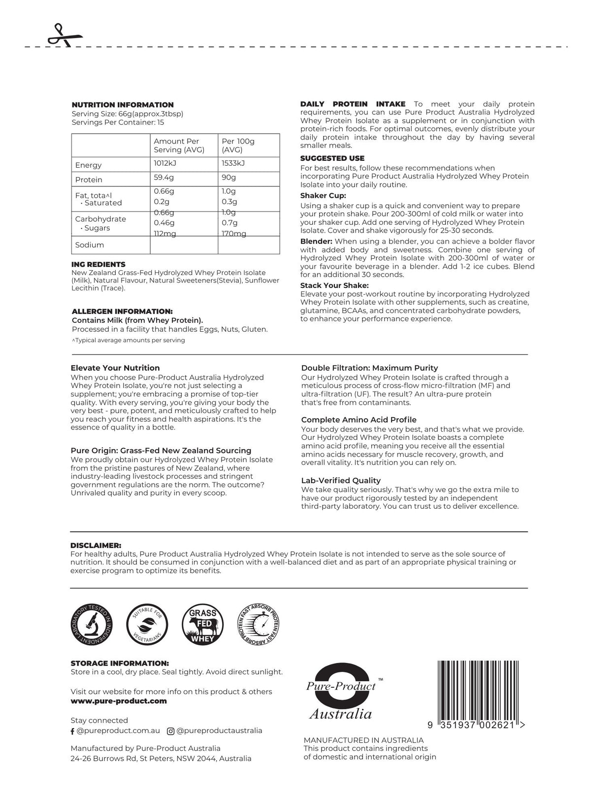 Nutrition information for Pure Product Australia&