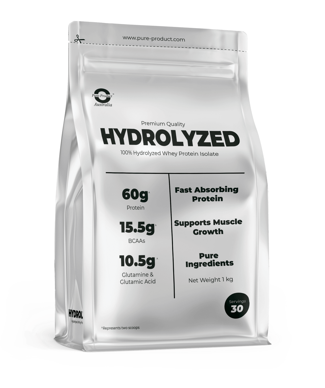 Bag of Pure Performance Hydrolyzed Whey Protein Isolate with 60g protein, 15.5g BCAAs, supports muscle growth, and fast-absorbing protein.