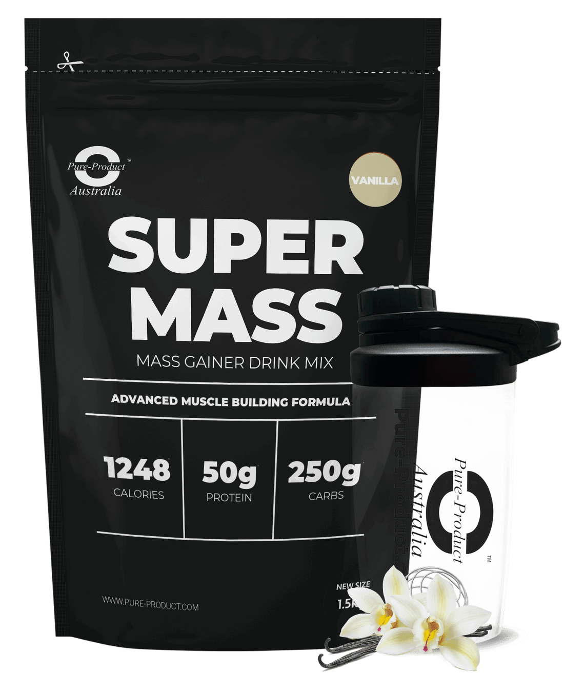 Super Mass Mass Gainer by Pure Product Australia with 50g protein, 250g carbs, 1248 calories, and included shaker bottle.