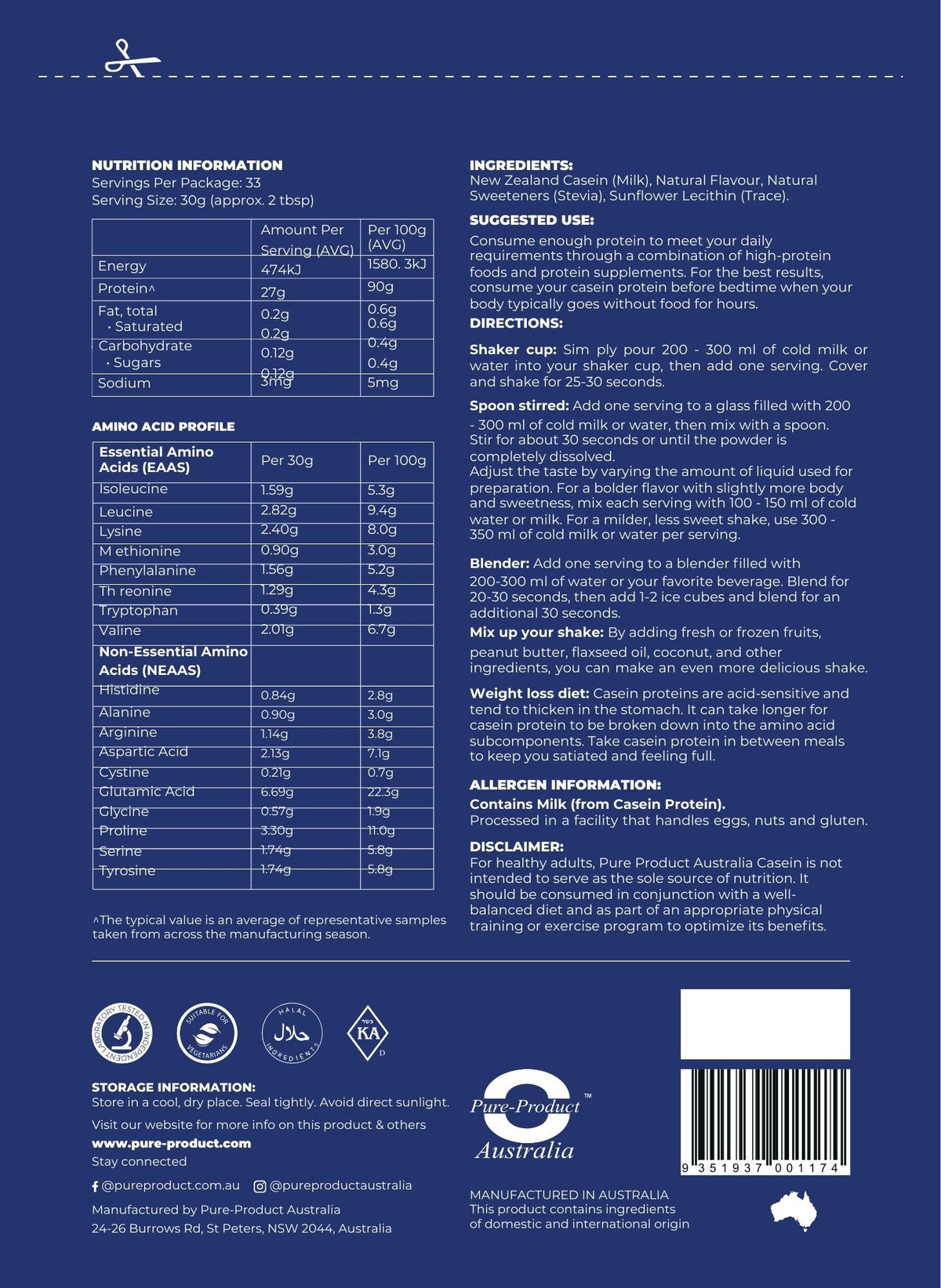 Micellar Casein vanilla nutrition information panel