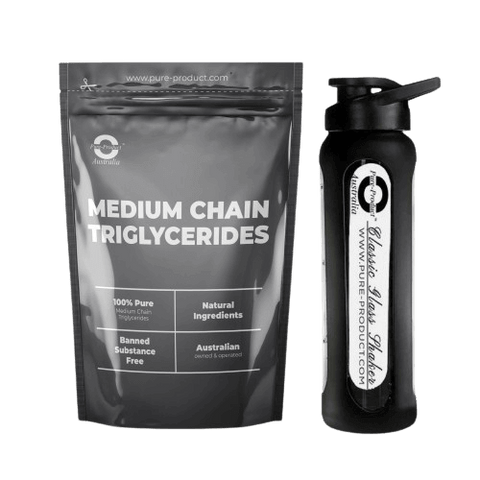 Medium Chain Triglycerides (MCT) pouch and water bottle from Australia with 100% pure and natural ingredients and banned substance-free