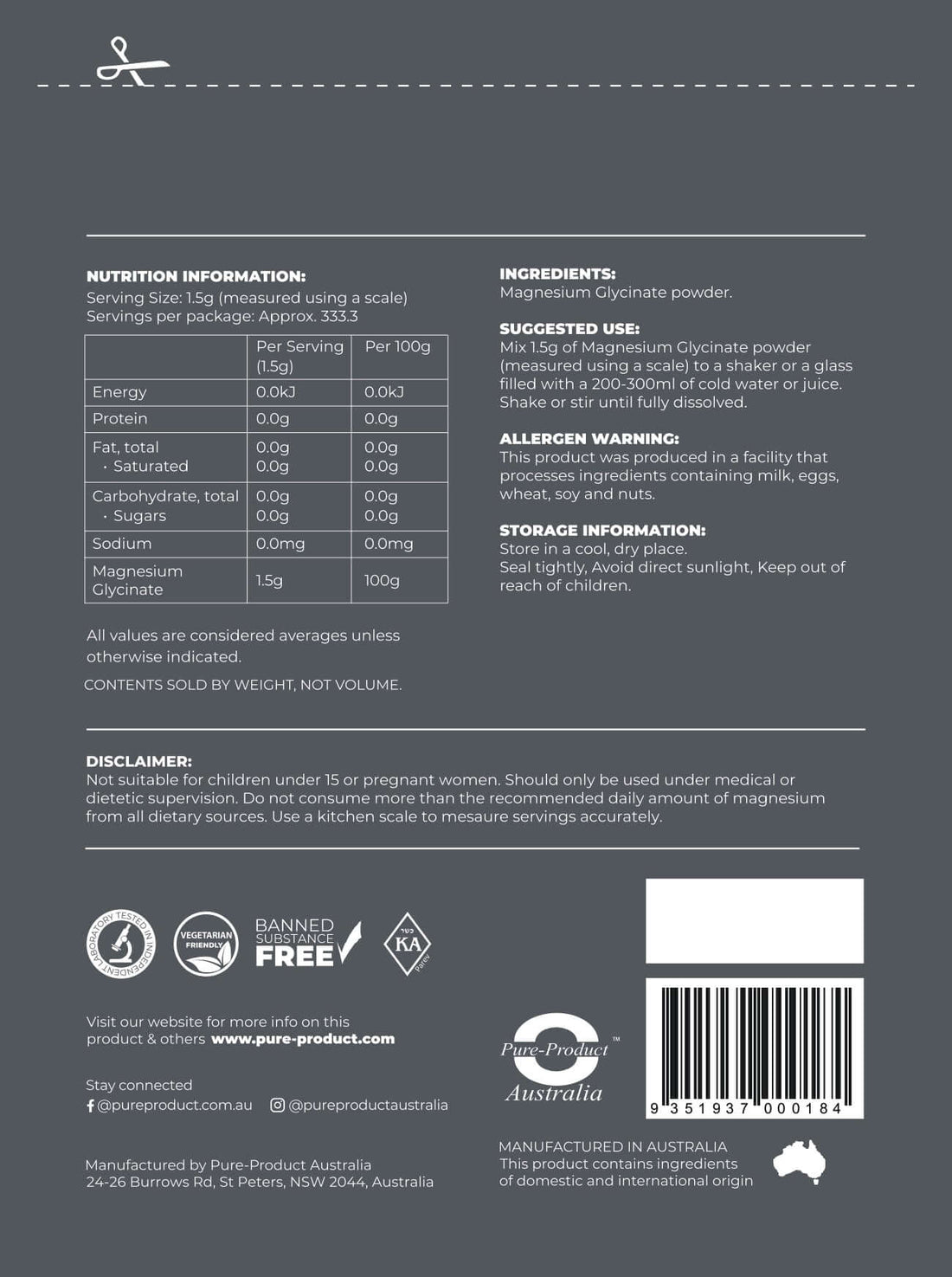 Magnesium Glycinate powder Pure Product Australia