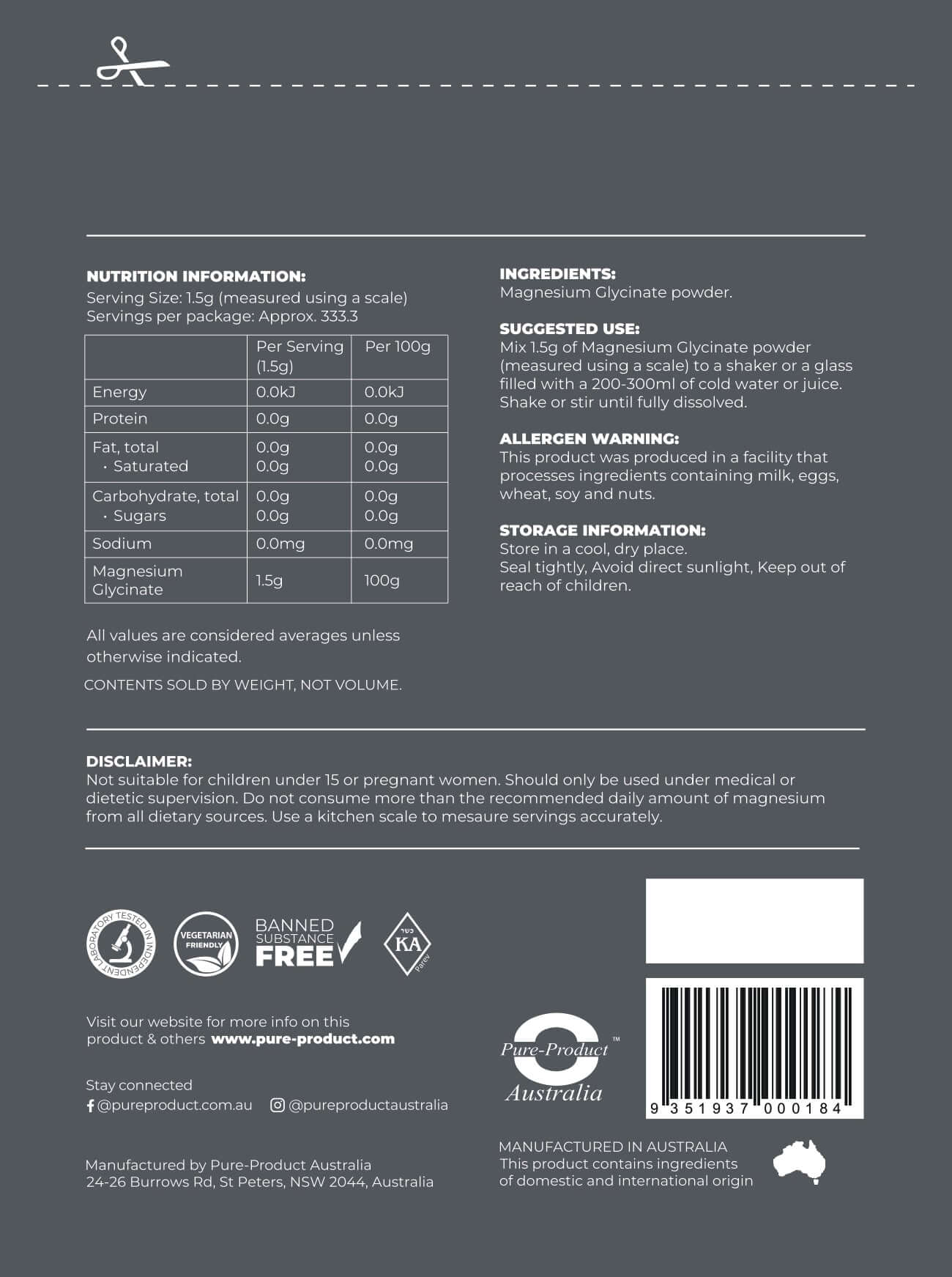 Magnesium Glycinate Powder supplement nutrition information and ingredients details on packaging.