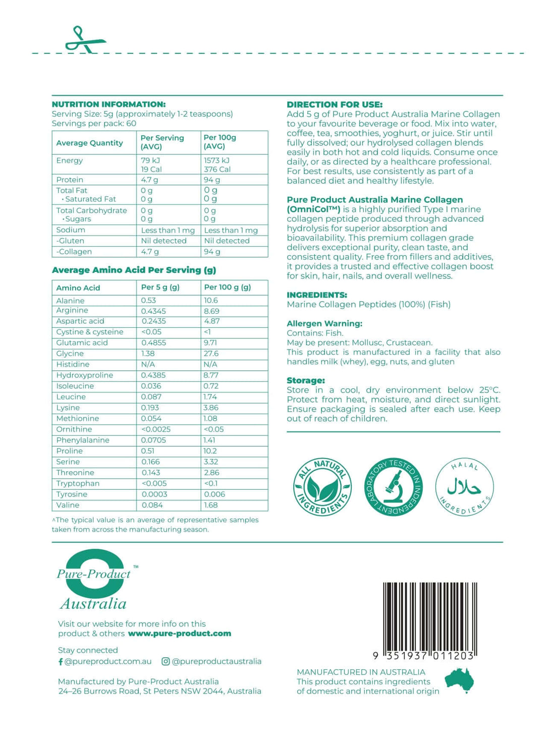 Marine Collagen Peptides product label with nutritional information for skin, hair, nails, and overall wellness.