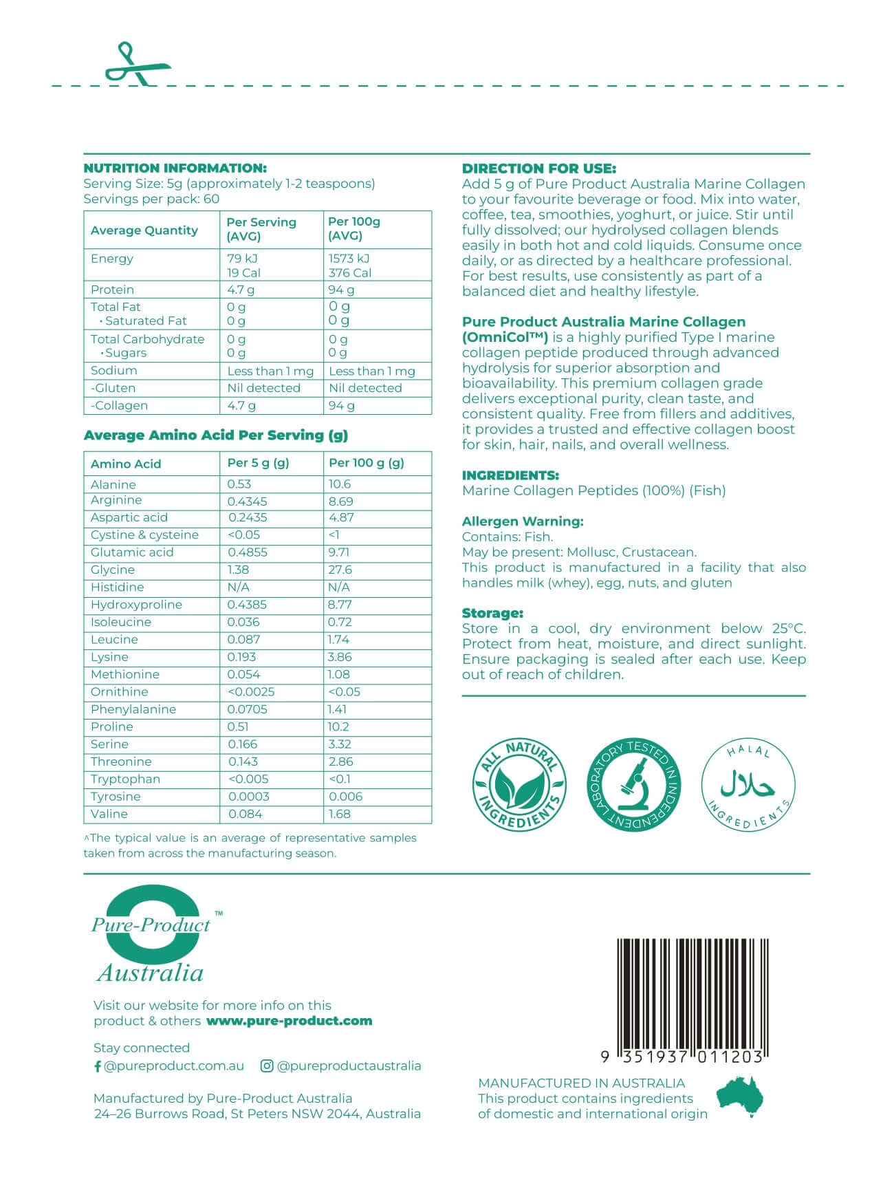 Marine Collagen Peptides product label with nutritional information for skin, hair, nails, and overall wellness.
