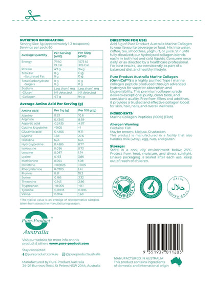 Marine Collagen Peptides product label with nutritional information for skin, hair, nails, and overall wellness.