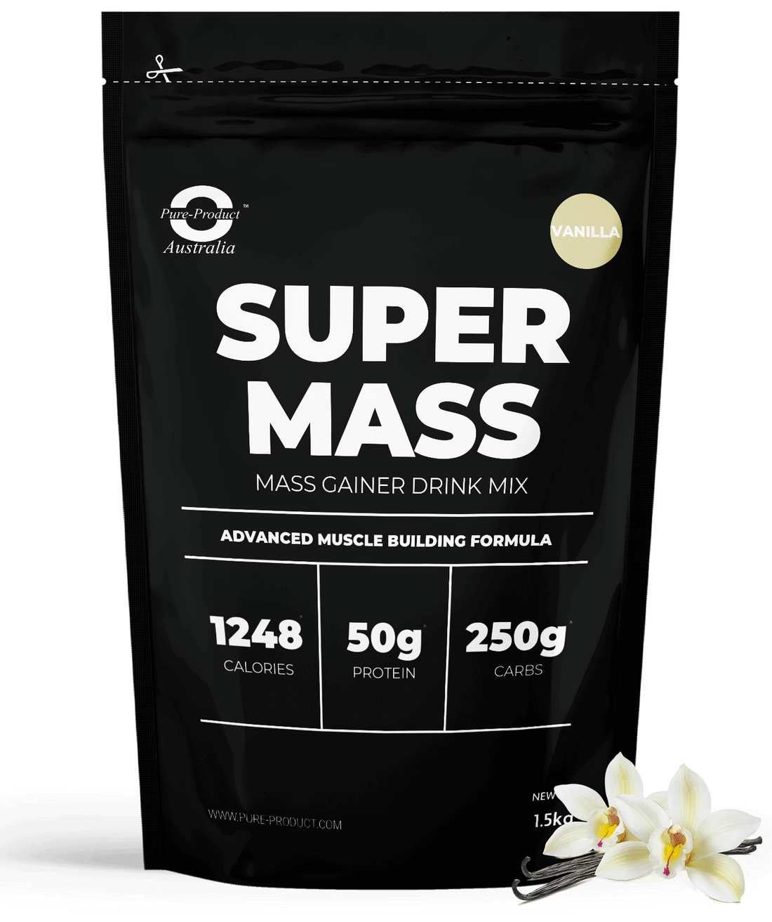 Super Mass Mass Gainer by Pure Product Australia featuring 1248 calories, 50g of protein, and 250g of carbs per serving, vanilla flavor