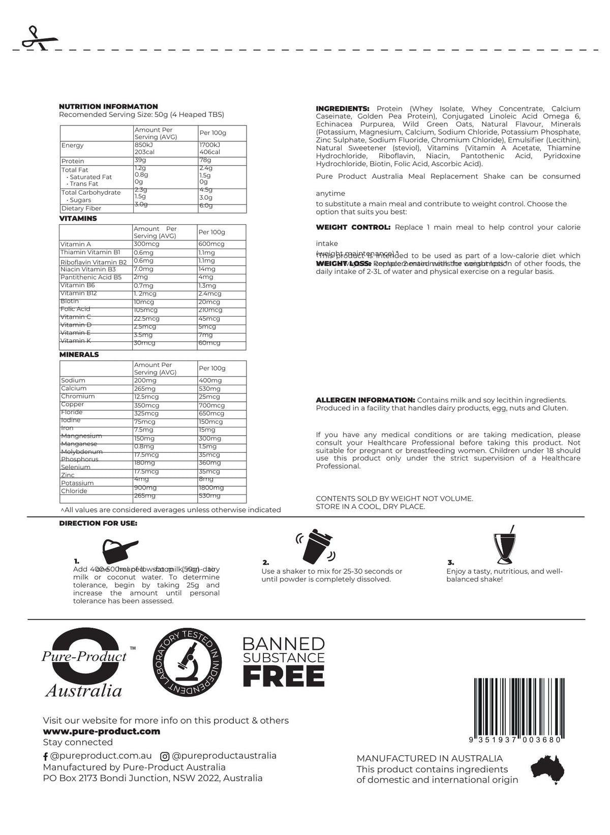Meal Replacement Shake chocolate nutrition information panel