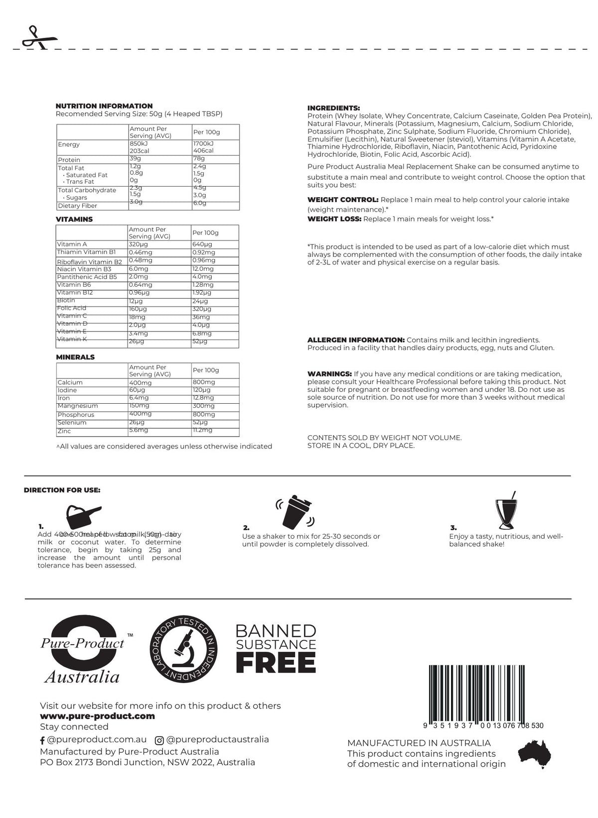 Meal Replacement Shake vanilla nutrition information panel