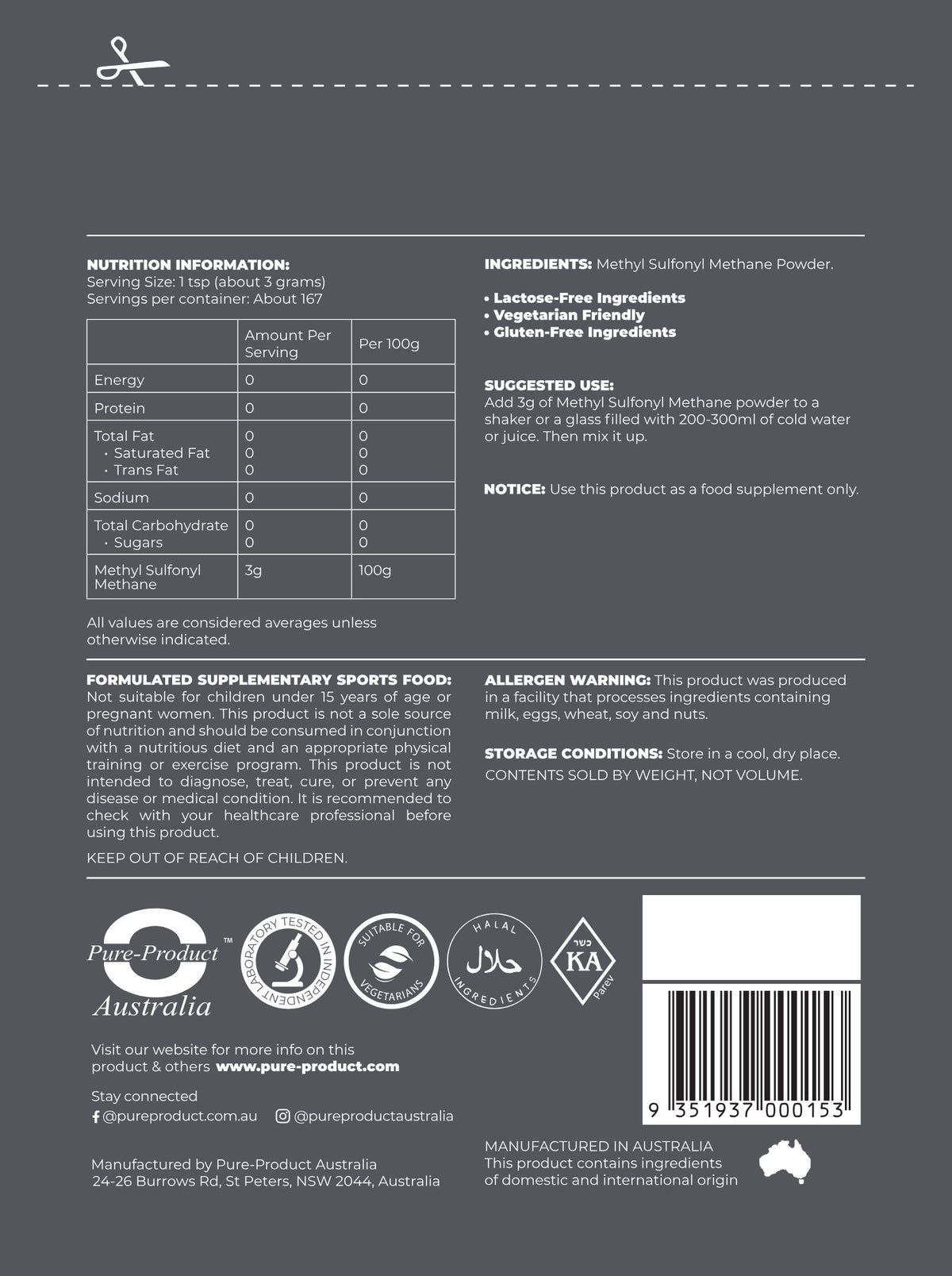 Back packaging of Methyl Sulfonyl Methane (MSM) Powder showing nutrition info and ingredients.
