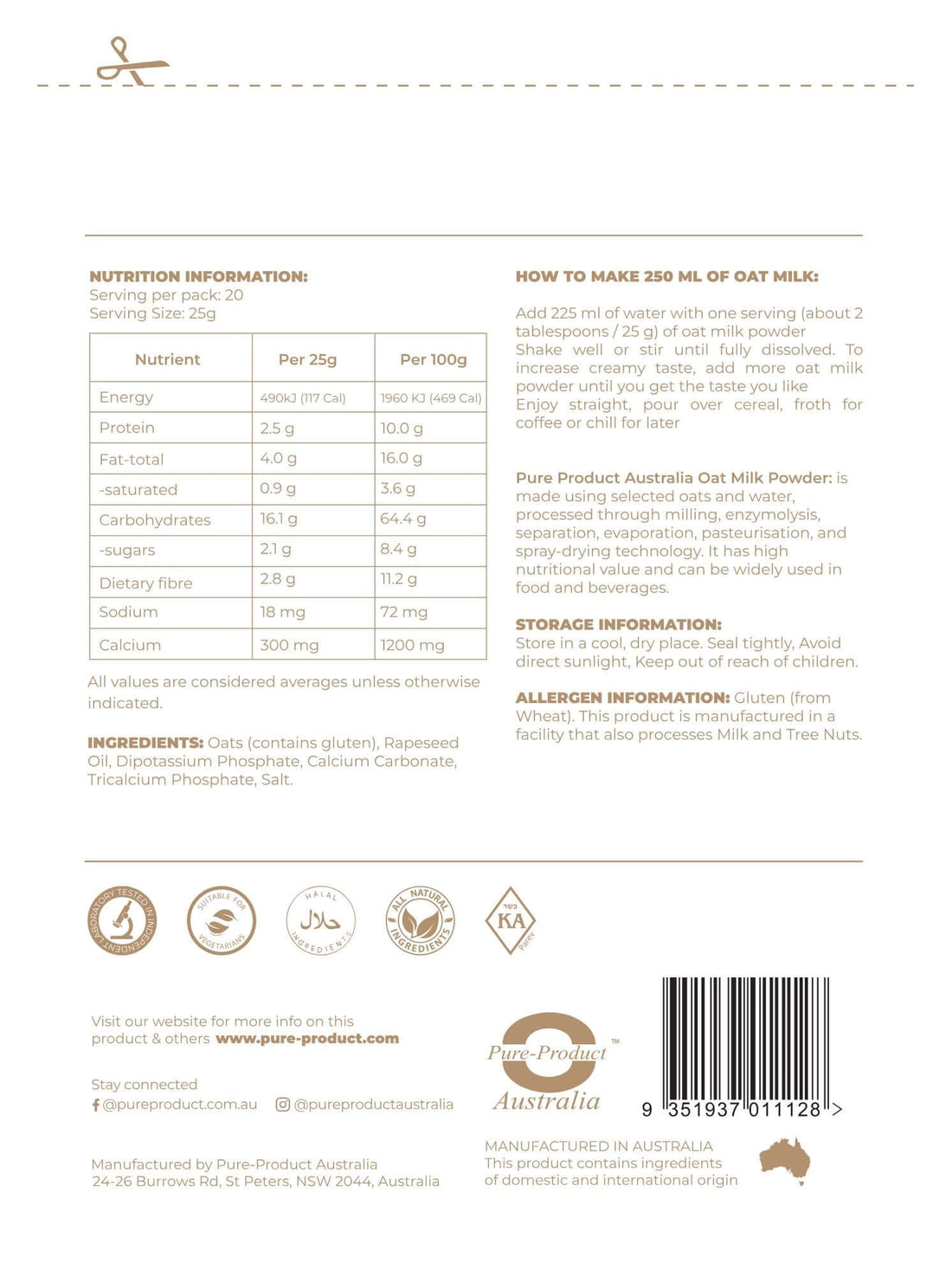 Nutrition information and usage directions for Pure Product Australia oat milk powder Australia.