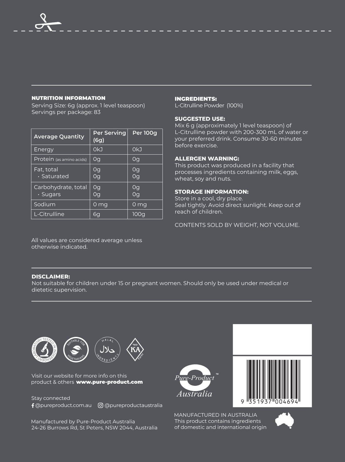 L-Citrulline nutrition information panel
