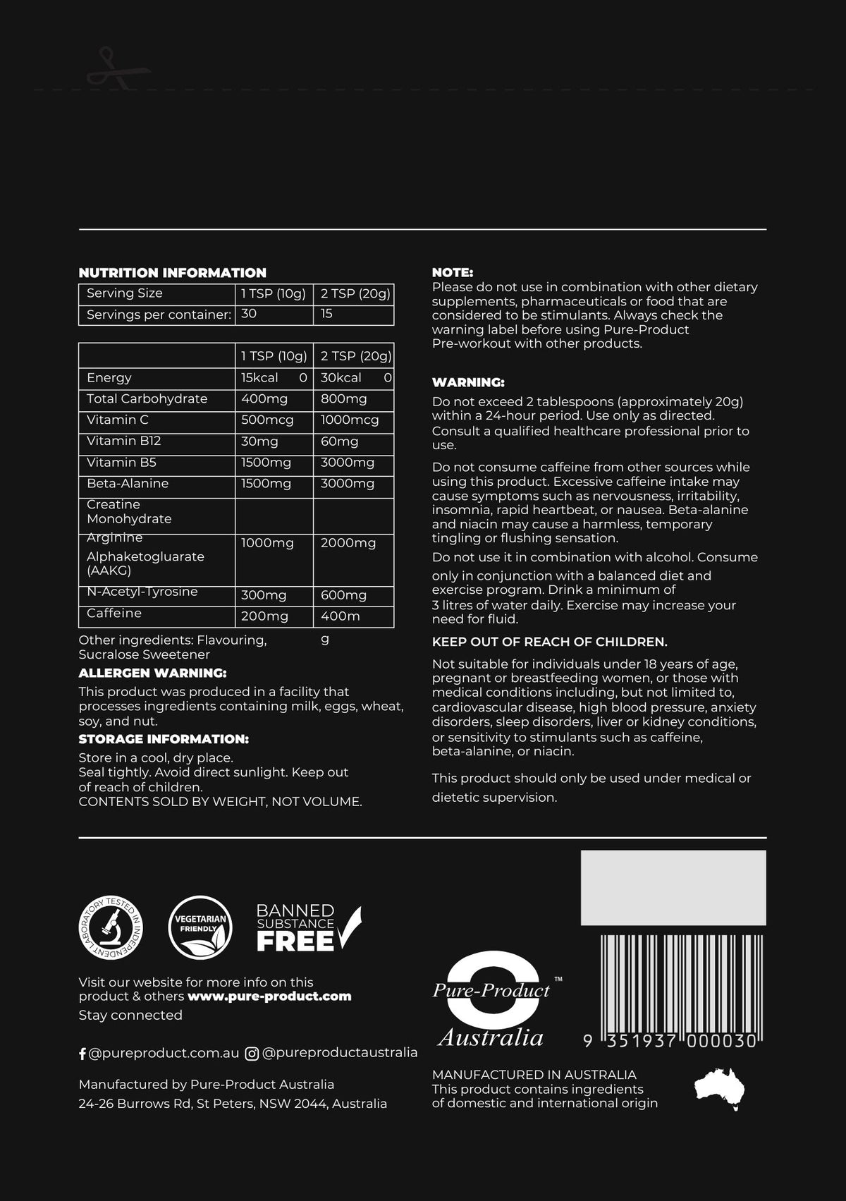 Pre-Workout sweet lemon nutrition information panel