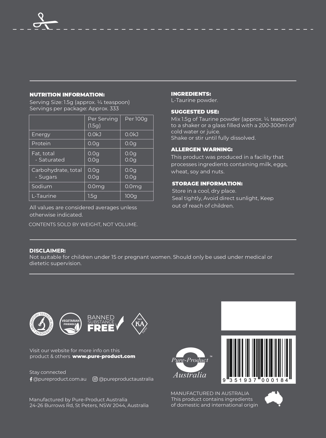 Taurine powder Pure Product Australia