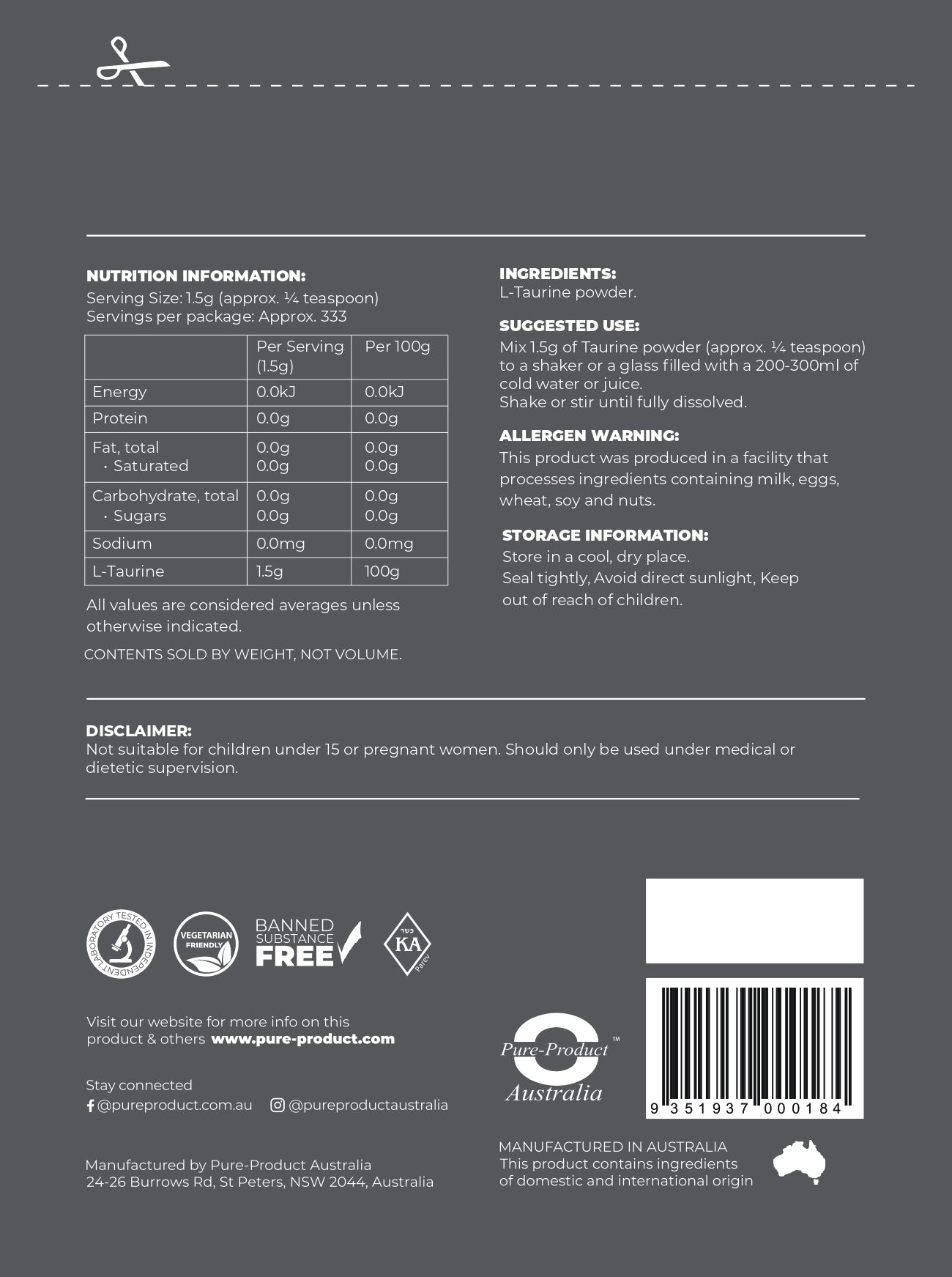 Taurine powder Pure Product Australia
