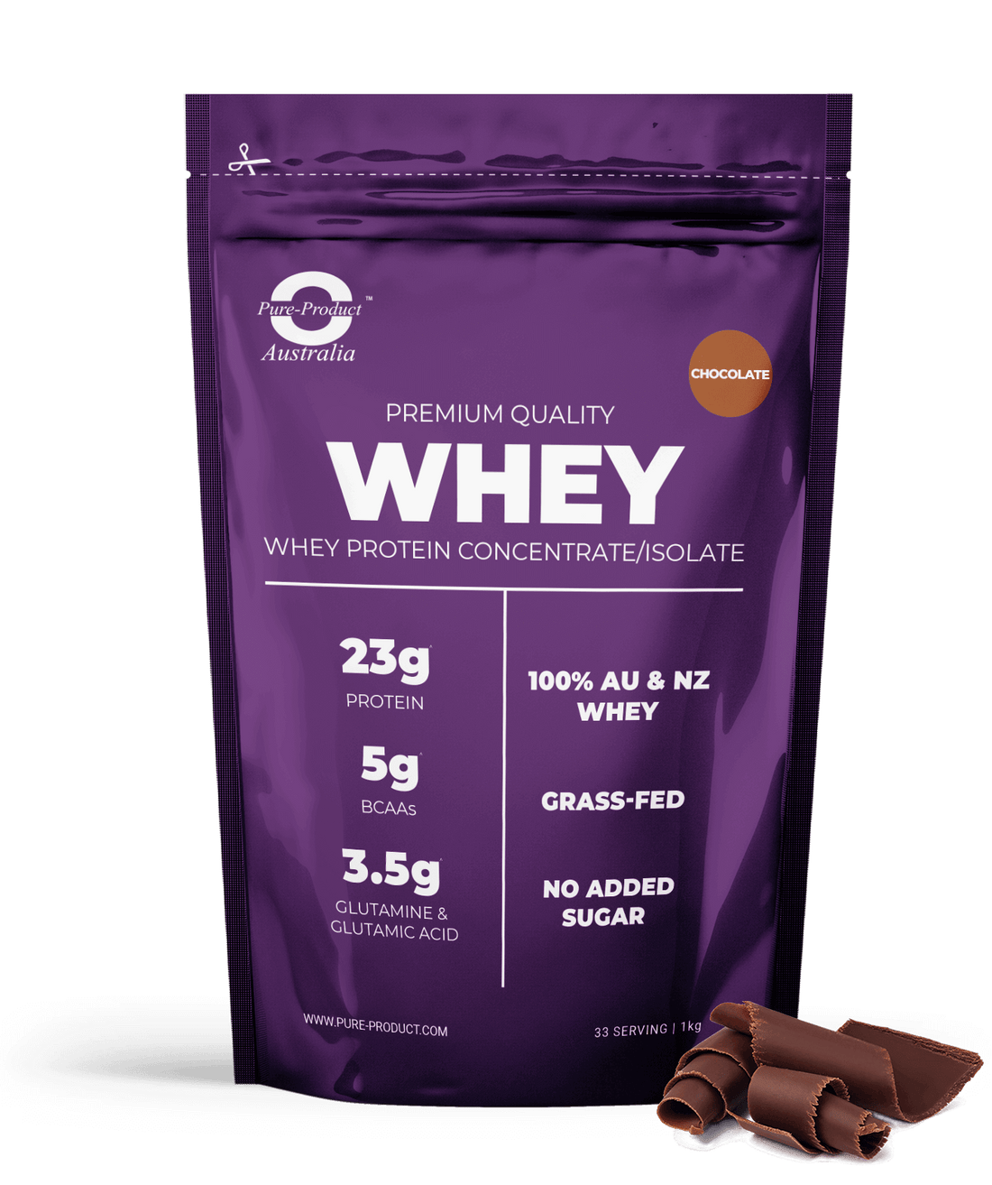 Whey Protein Concentrate/Isolate - Pure Performance Whey from Aussie Grass-Fed Cows, 23g Protein, 5g BCAAs, 3.5g Glutamine, No Added Sugar.