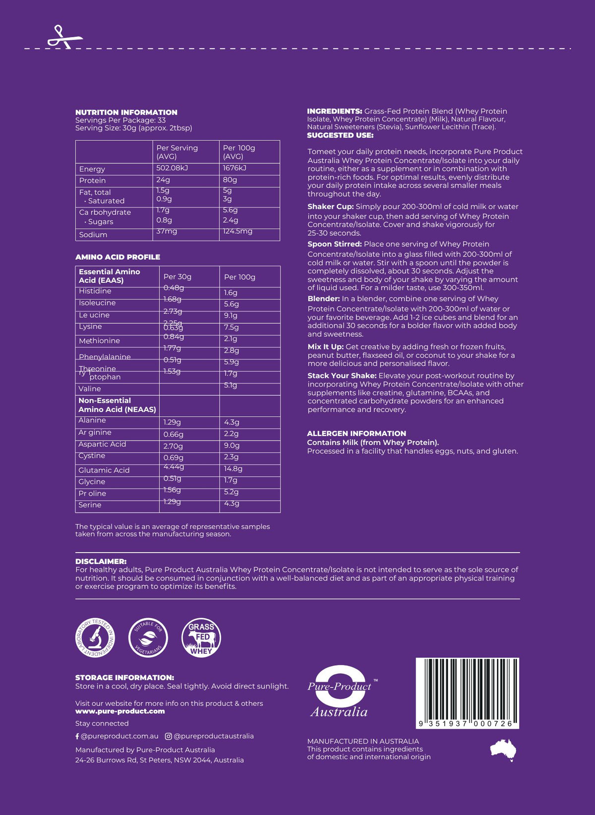 Nutrition information for Whey Protein Blend showing ingredients and amino acid profile.