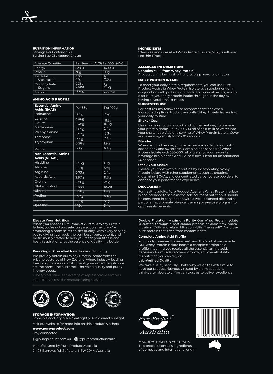 Whey Protein Isolate unflavoured nutrition information panel
