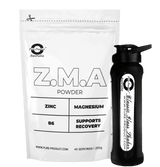 "ZMA Powder bag with zinc, magnesium, vitamin B6, and black shaker bottle for muscle support and recovery"