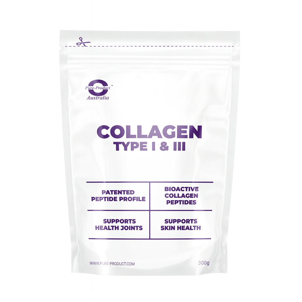 Bioactive collagen peptides in a pack labeled for Type I &amp; III collagen, supporting health joints and skin health.