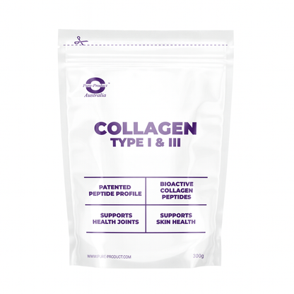 Bioactive collagen peptides in a pack labeled for Type I &amp; III collagen, supporting health joints and skin health.
