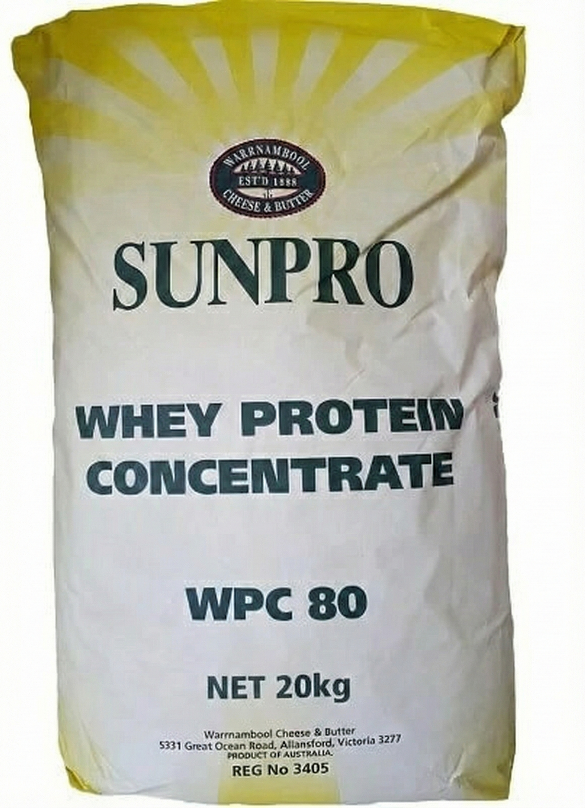 20kg bag of bulk whey protein concentrate from SunPro, a high-quality protein source for athletes.