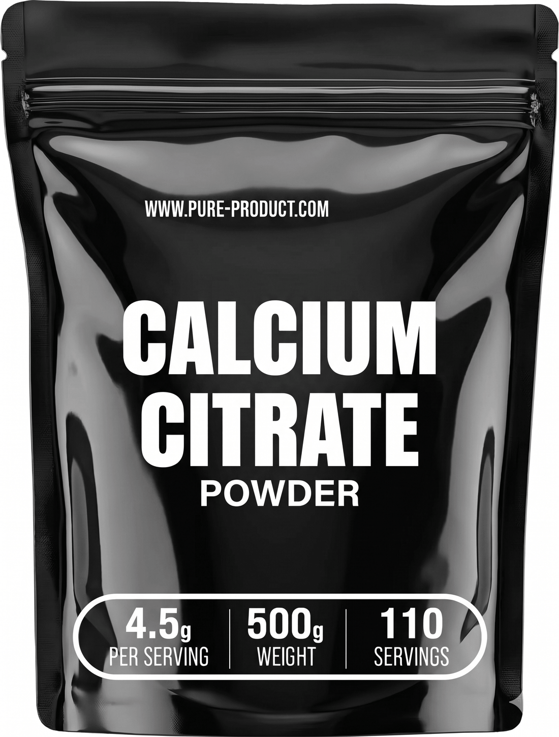Calcium Citrate Powder 500g packaging, unflavoured dietary calcium, high absorption, clean source.