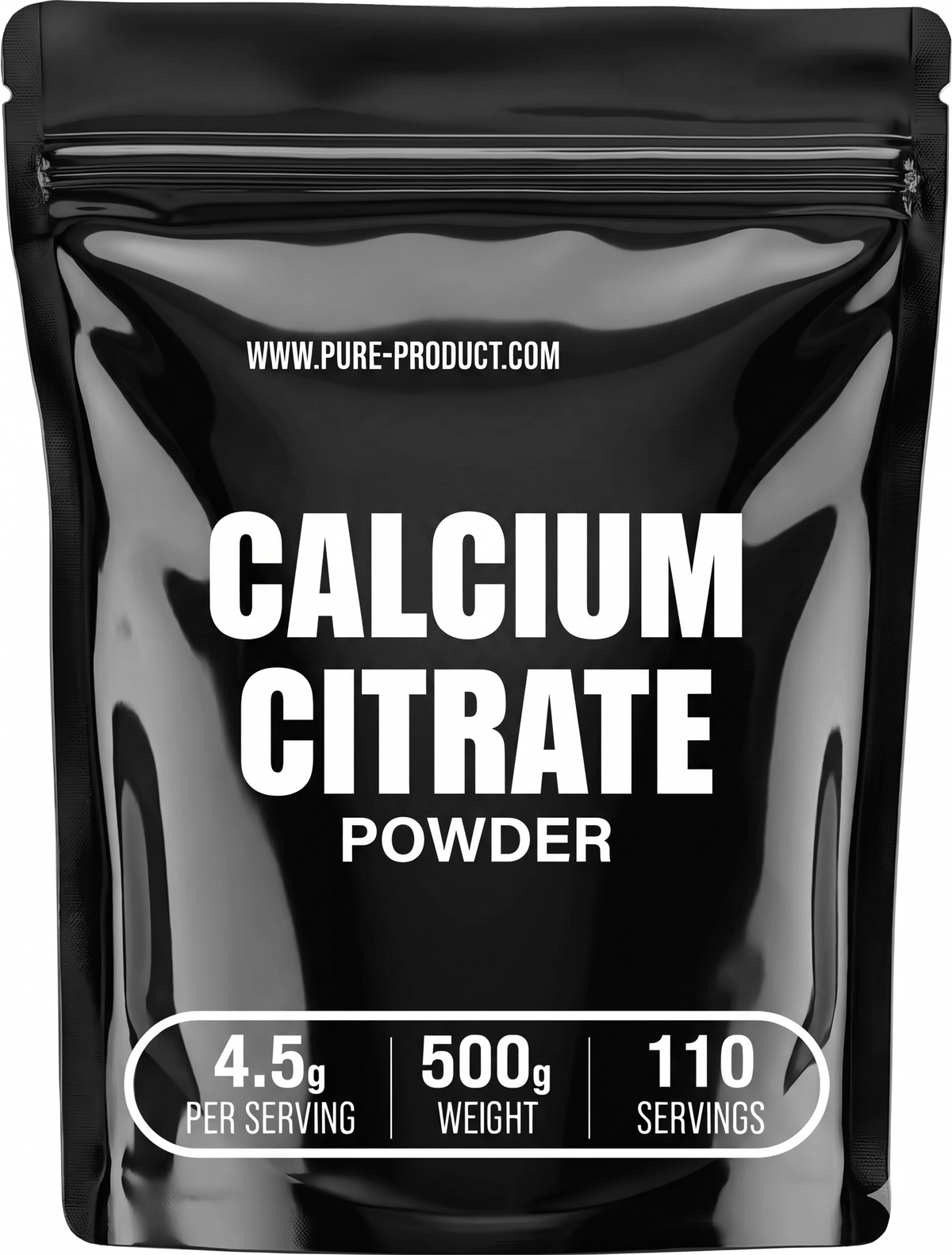 Calcium Citrate Powder 500g packaging, unflavoured dietary calcium, high absorption, clean source.