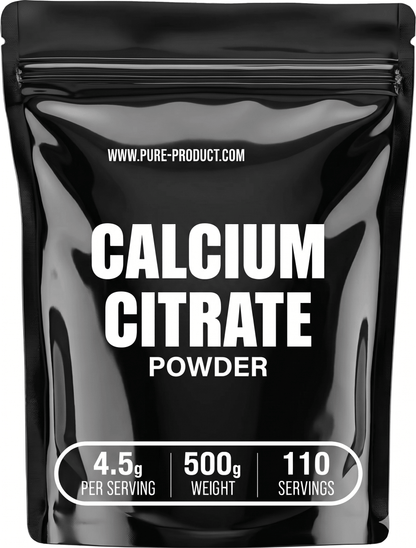 Calcium Citrate Powder 500g packaging, unflavoured dietary calcium, high absorption, clean source.
