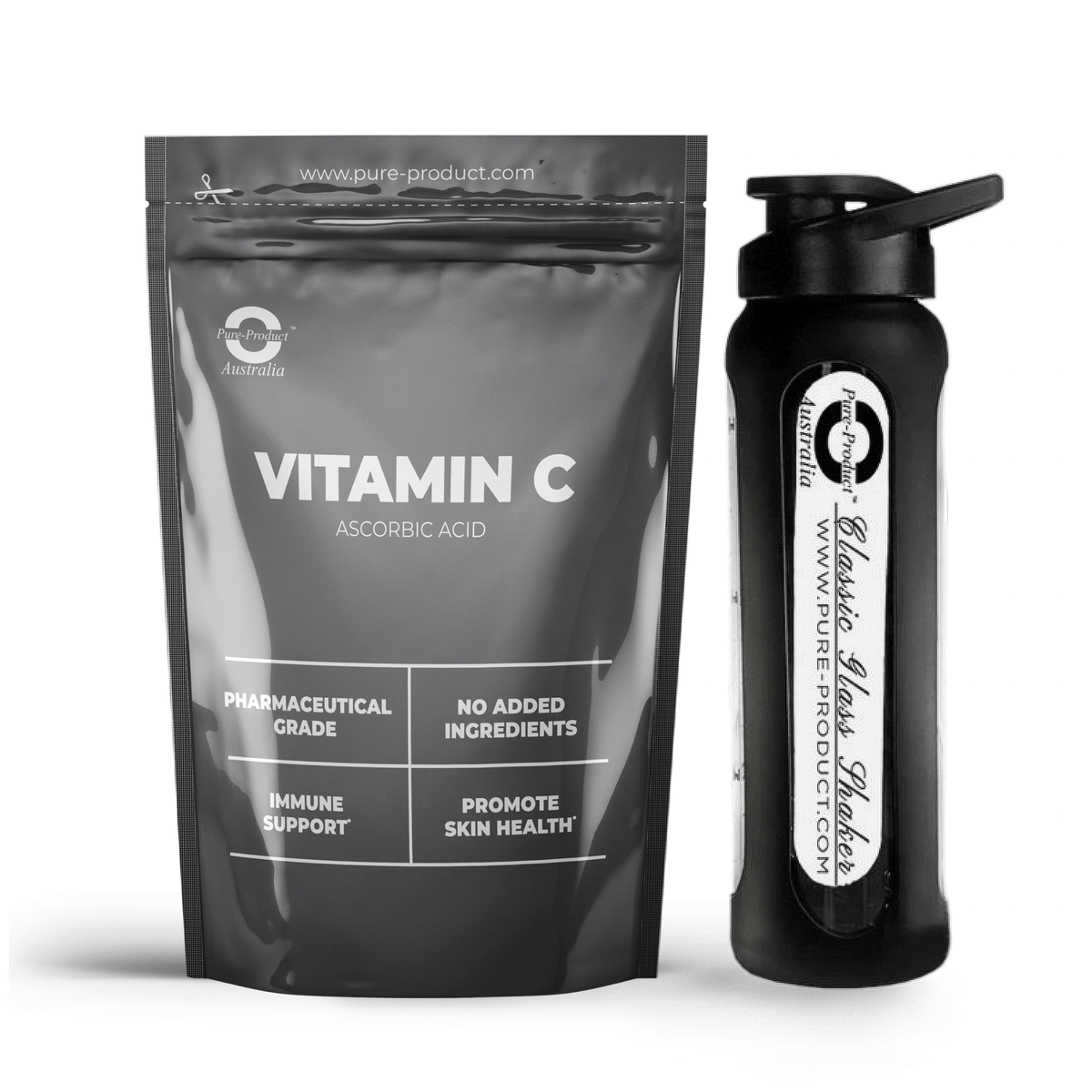 Bag of Ascorbic Acid Vitamin C supplement for immune support and skin health next to a branded water bottle