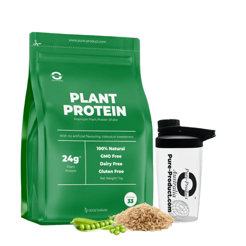 Plant Protein Isolate pack with shaker bottle, highlighting 24g protein, 100% natural, GMO free, dairy free, gluten free options