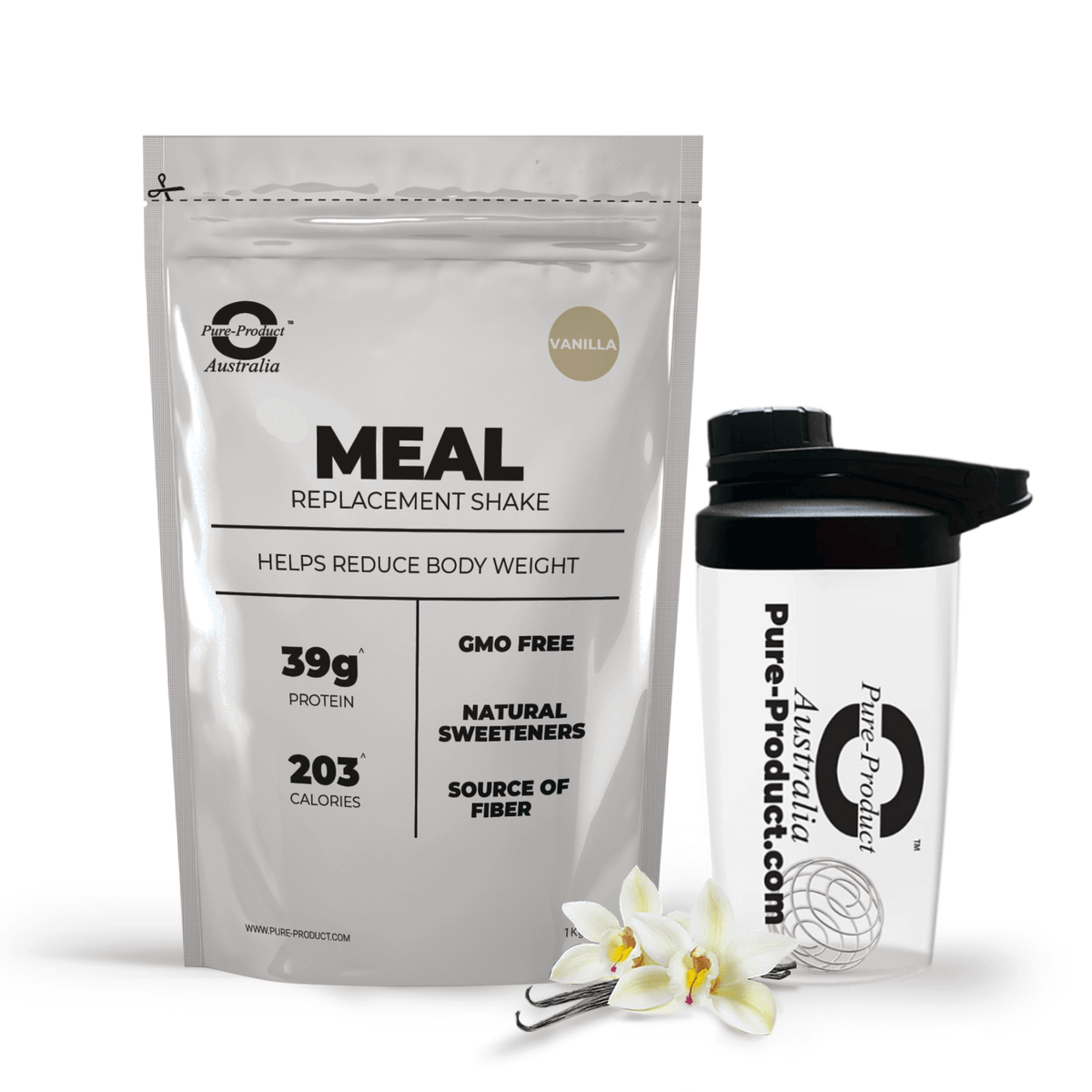 Pure-Product Australia Meal Replacement Shake, vanilla flavor, 39g protein, 203 calories, GMO-free, with shaker, nutritious meal replacement