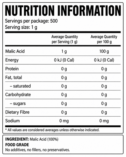 Malic acid powder nutrition information panel with serving size