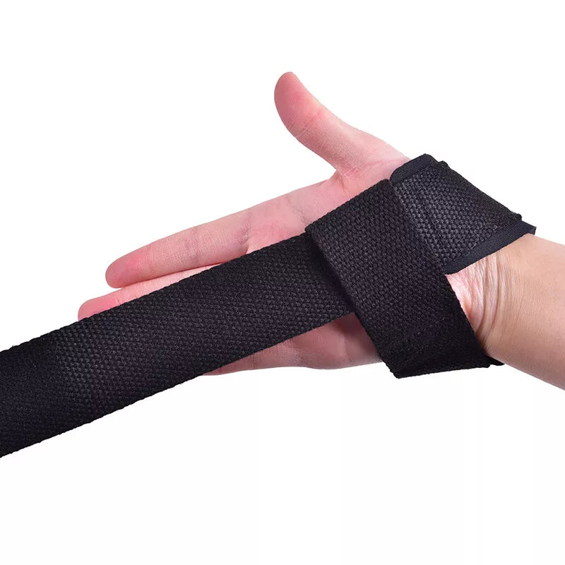 Wrist straps weightlifting for heavy lifting, showcasing a hand securing the strap for enhanced grip support.