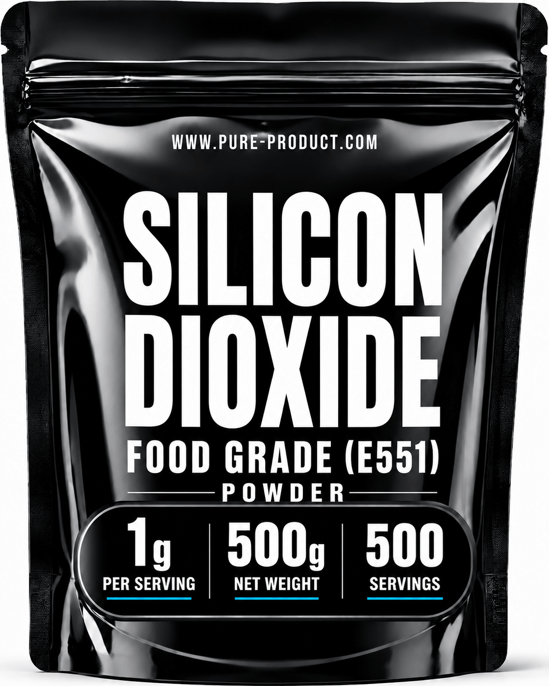 Silicon Dioxide Food Grade (E551) powder packaging, 500g net weight for food industry use.