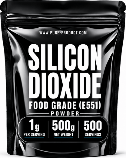 Silicon Dioxide Food Grade (E551) powder packaging, 1g per serving, 500g net weight, 500 servings.