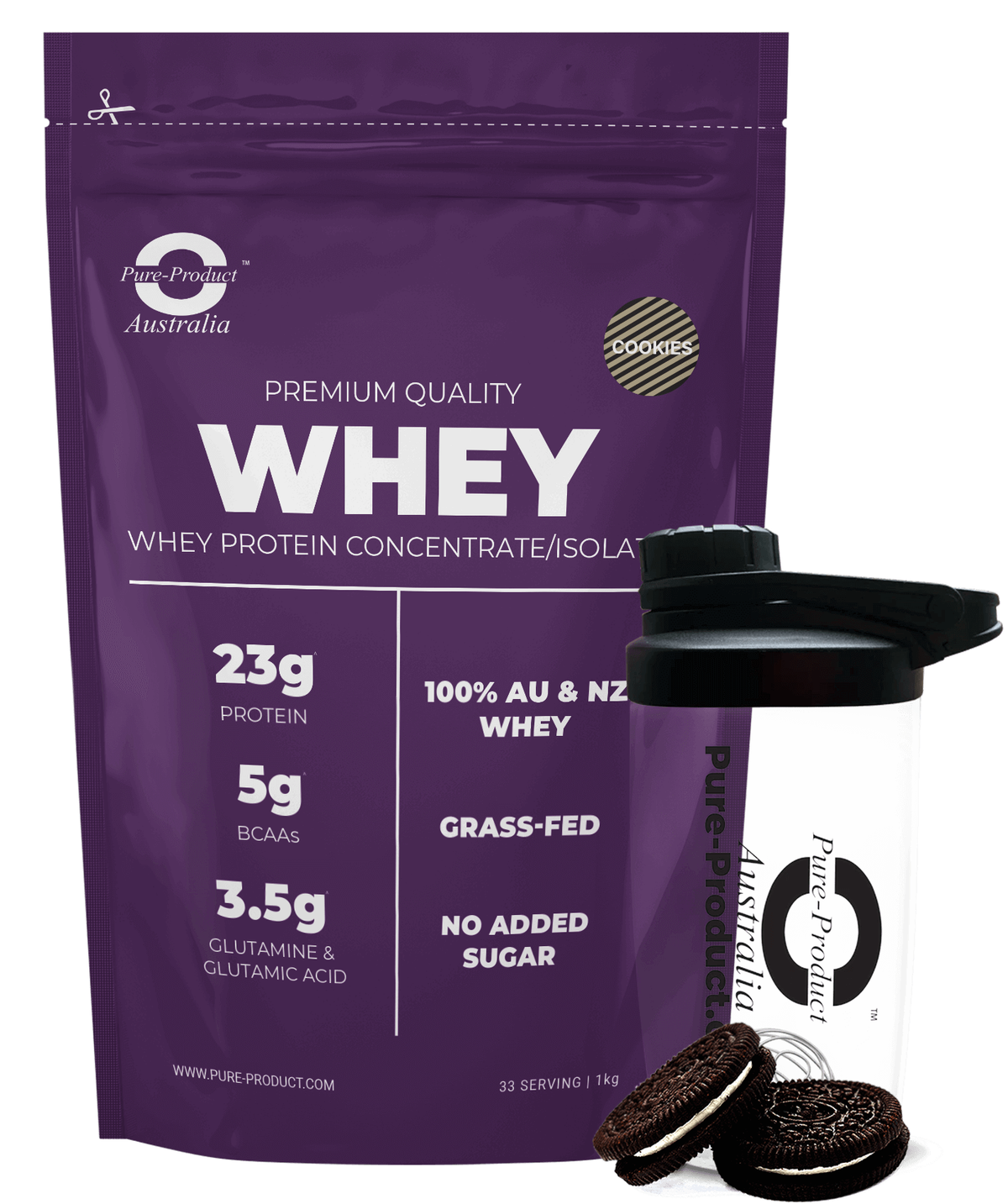 Cookies &amp; Cream Whey Protein Blend by Pure Product Australia, stevia-sweetened, no artificial sweeteners