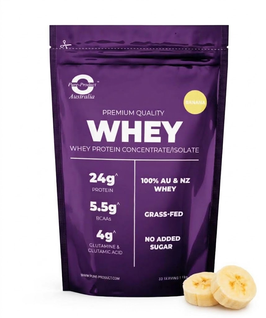 Pure Product Australia Whey Protein Blend Banana, grass-fed WPC + WPI, 24g protein per serve