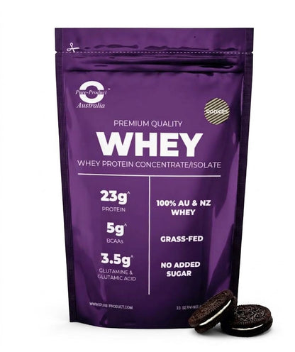 Pure Product Australia Whey Protein Blend Cookies &amp; Cream, grass-fed WPC + WPI, 24g protein per serve