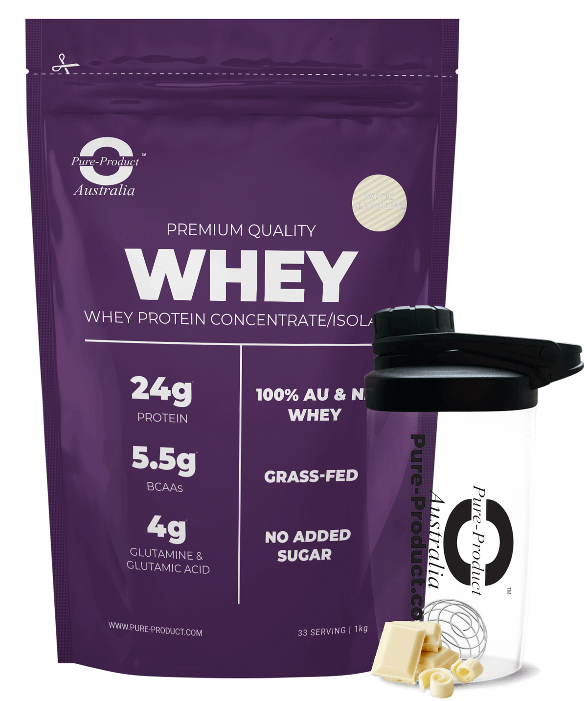 Pure Product Australia Whey Protein Blend flavour range, grass-fed WPC + WPI