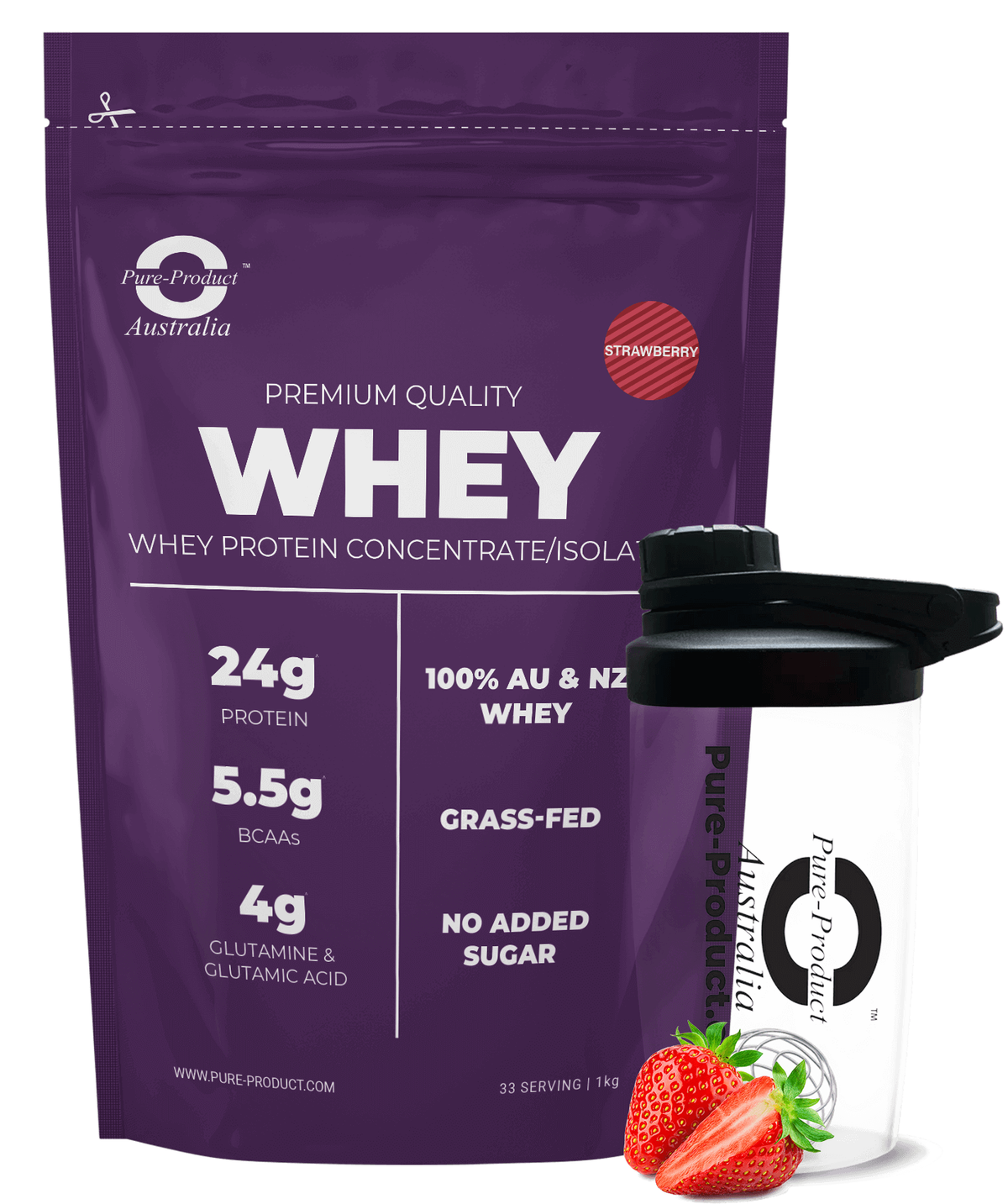 Strawberry Whey Protein Blend by Pure Product Australia, stevia-sweetened, no artificial sweeteners