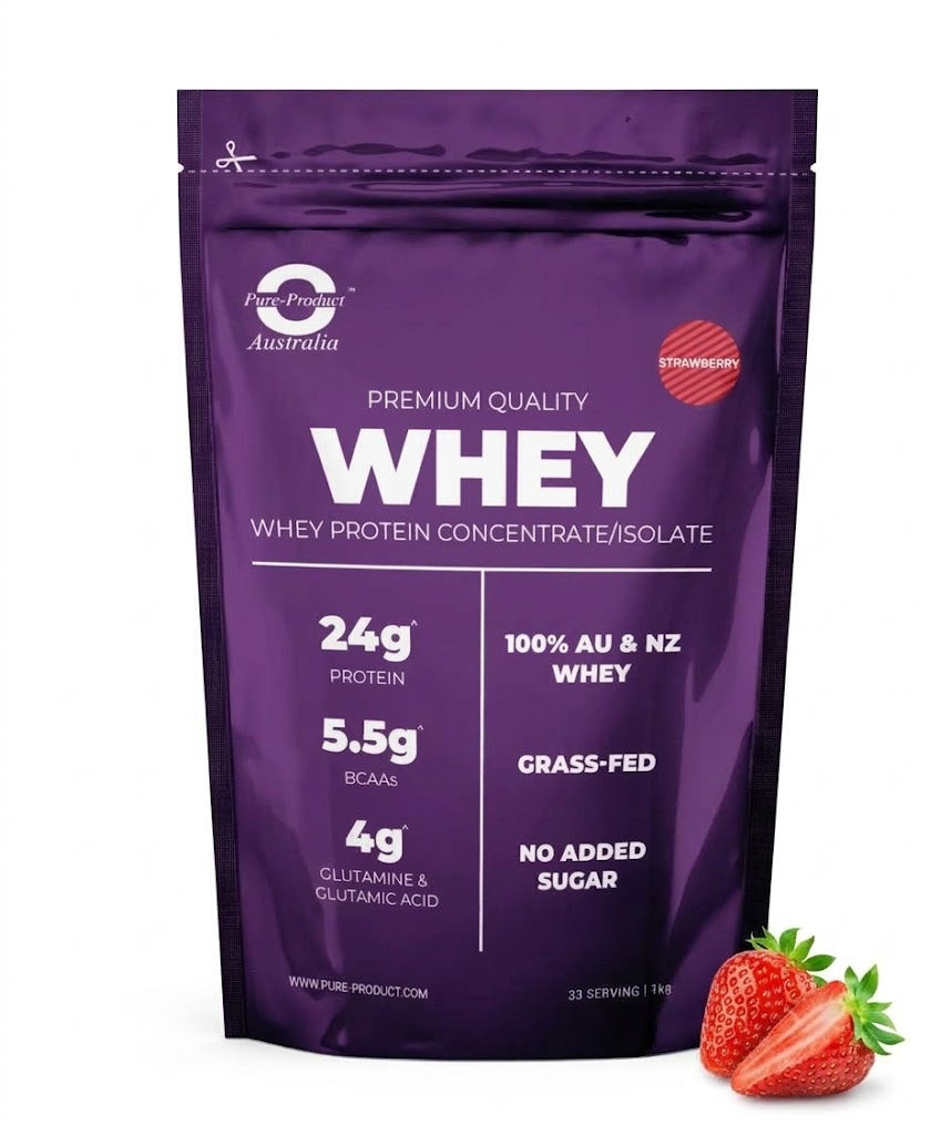 Pure Product Australia Whey Protein Blend Strawberry, grass-fed WPC + WPI, 24g protein per serve