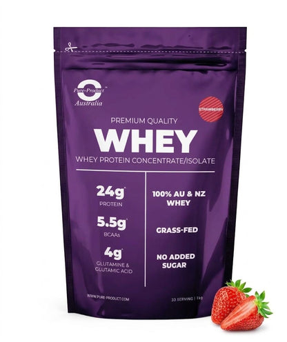 Pure Product Australia Whey Protein Blend Strawberry, grass-fed WPC + WPI, 24g protein per serve
