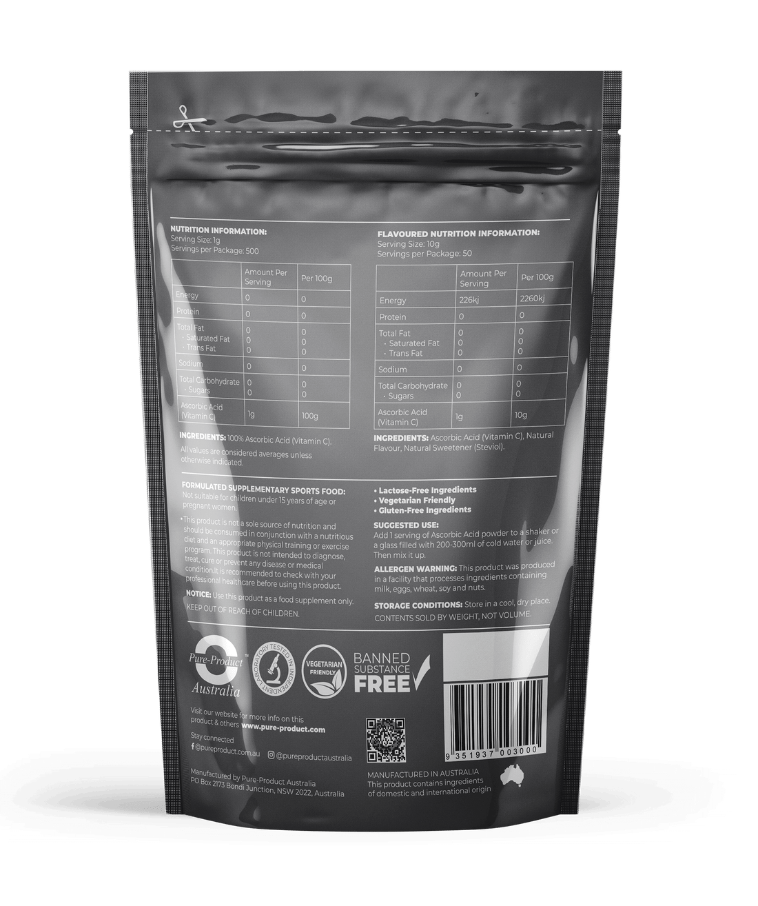 Back view of Ascorbic Acid (Vitamin C) supplement packaging displaying nutritional information and ingredients.