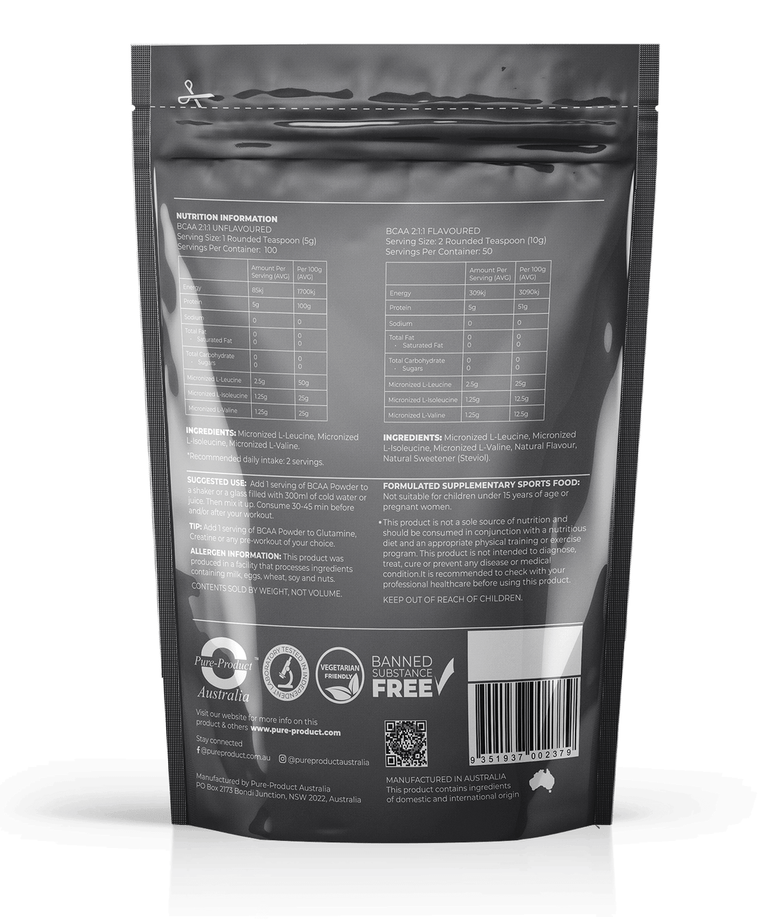 BCAA Powder 2:1:1, Branched Chain Amino Acids (BCAAs) are three of the nine Essential Amino Acids with similar structures that beneficially influence the muscles. As they cannot be naturally produced by our body, they must be obtained through protein-rich